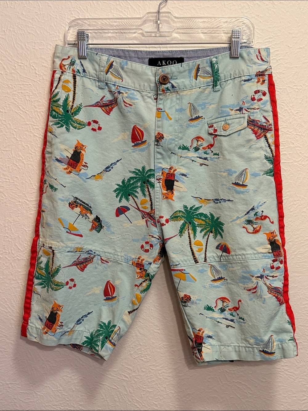 🌊🌊🌊BOGOHO🌊🌊🌊AKOO Light Blue Tropical Print Shorts with Red Side Trim-32